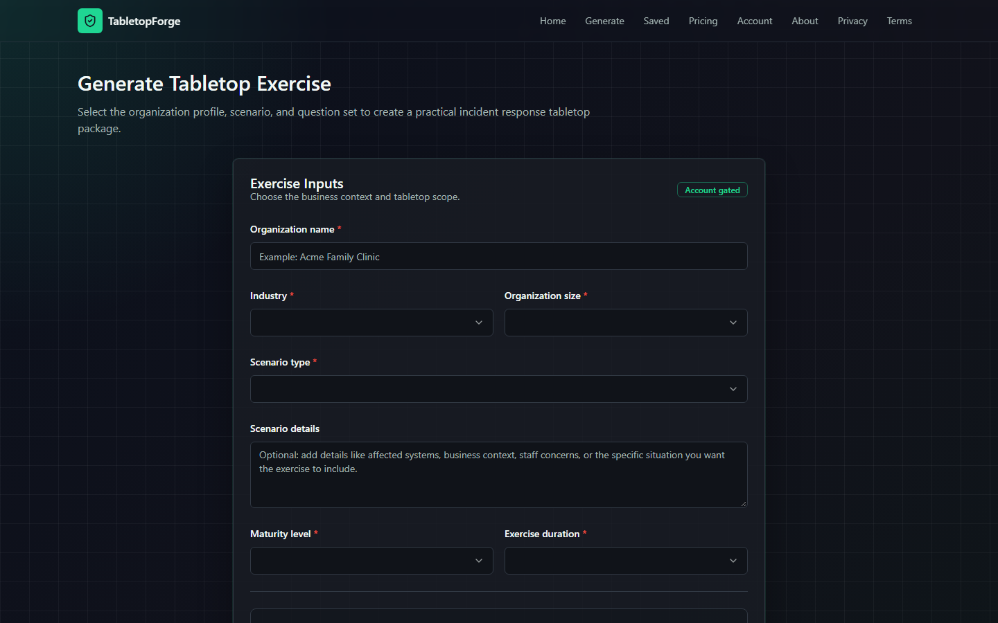 TabletopForge generator form for organization, industry, scenario, and exercise scope