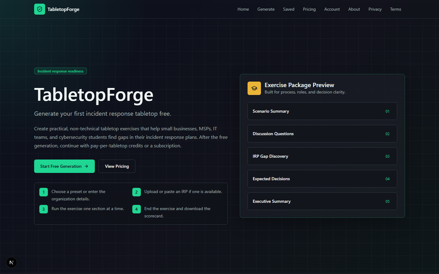 TabletopForge homepage with incident response readiness explanation and exercise package preview